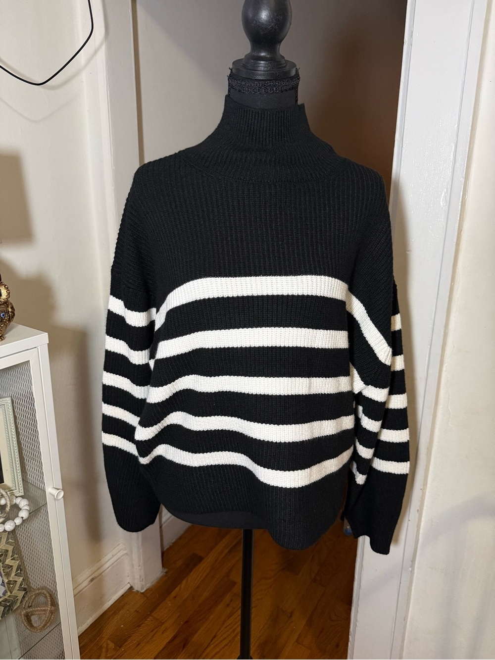 Black & White Striped Turtleneck Sweater - Women